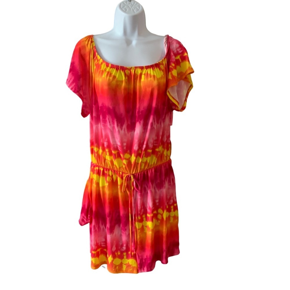 NWT-White Birch Sz Lg pink/orange/yellow tie die short sleeve romper w/pockets. - Picture 4 of 11